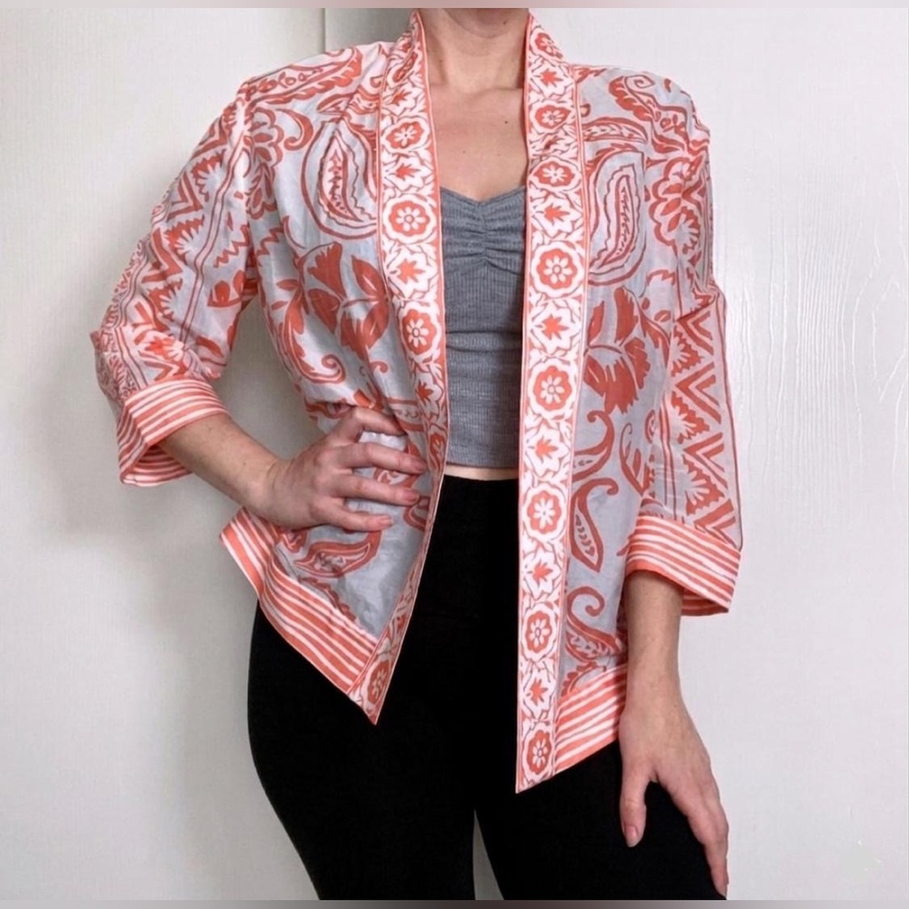 Chico’s Border Print Kimono Jacket Sunrise Orange & White Paisley Pattern (NWT)